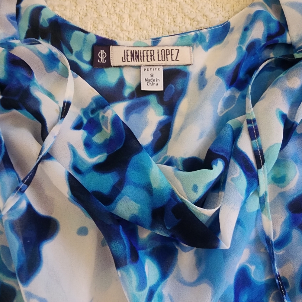 Jennifer Lopez Blue Sheer Blouse string tie Silver Buttons on Sleep - Picture 10 of 11